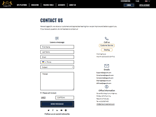 Page de contact de LegacyFX Page de contact de LegacyFX